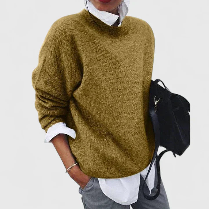 Women's Khaki Relaxed Fit Knitted Crew Neck Jumper