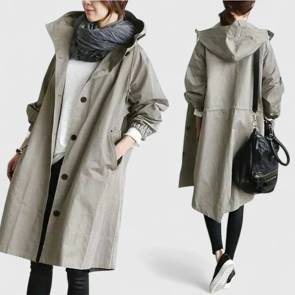 Women's light grey oversized parka with an adjustable hood