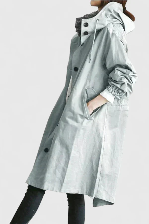Women's light grey oversized parka with an adjustable hood