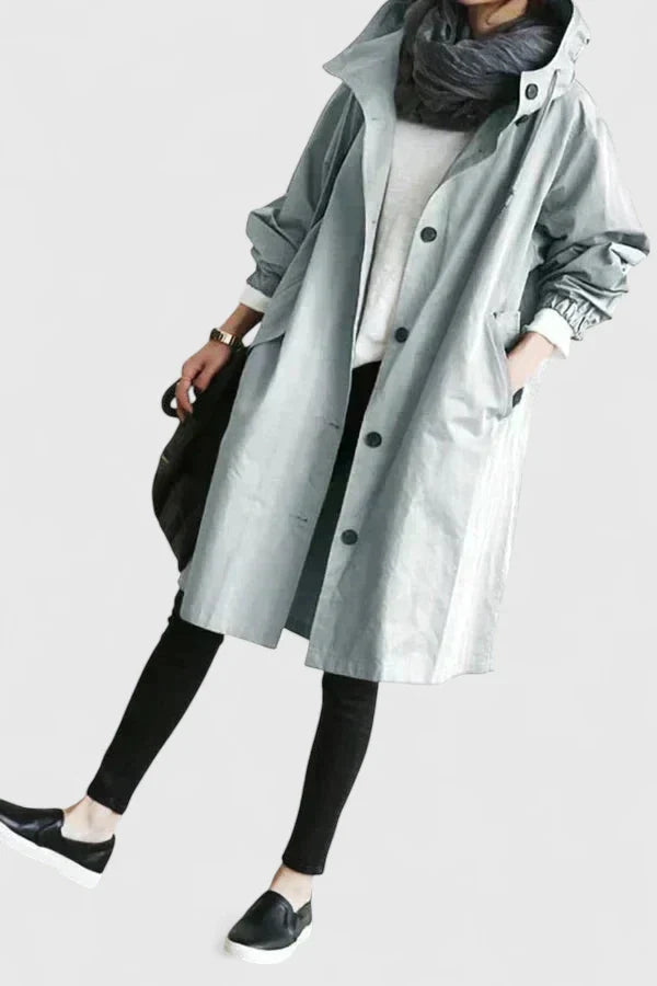 Women's light grey oversized parka with an adjustable hood