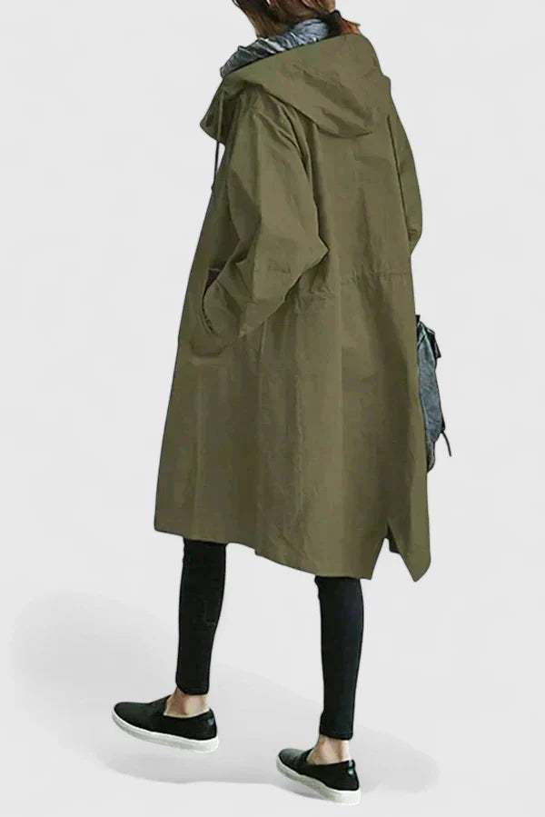Women's light grey oversized parka with an adjustable hood