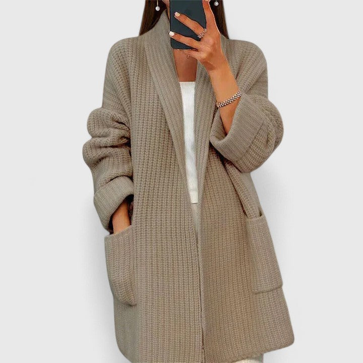 Women's Camel Longline Ribbed Open-Front Knit Cardigan for Autumn