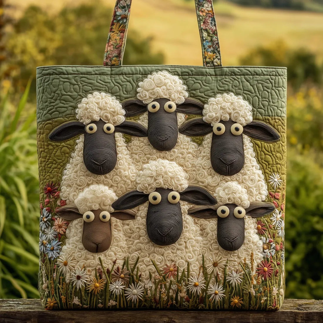 White quilted tote bag with sheep print