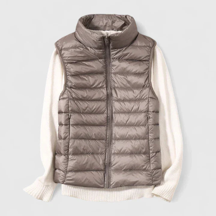 Women's Beige Quilted Padded Autumn Gilet with Pockets