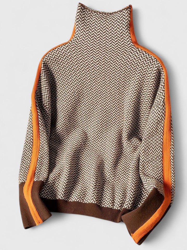 Women's Orange Herringbone Knit Turtleneck Jumper with Colour Block Trim