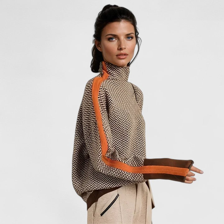 Women's Herringbone Knit Turtleneck Jumper with Colour Block Trim
