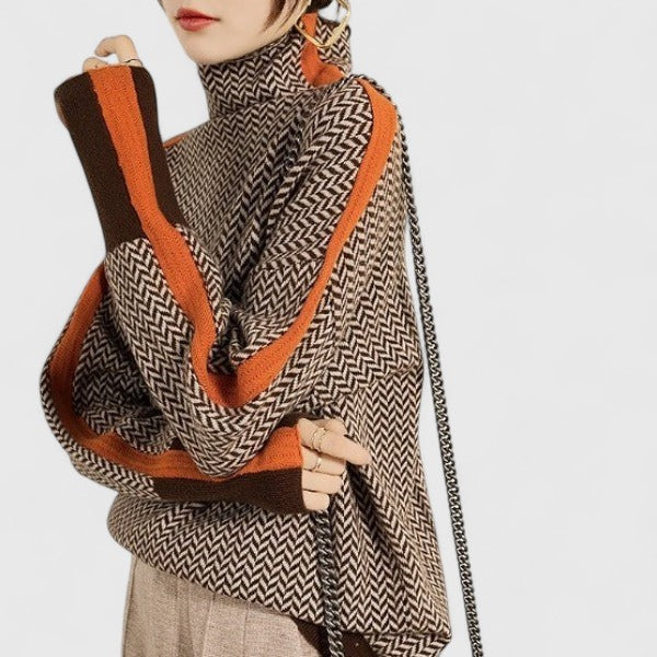 Women's Herringbone Knit Turtleneck Jumper with Colour Block Trim