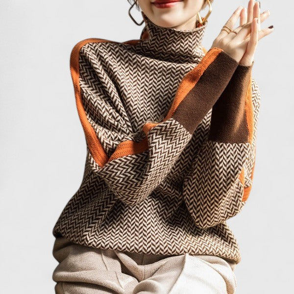 Women's Herringbone Knit Turtleneck Jumper with Colour Block Trim