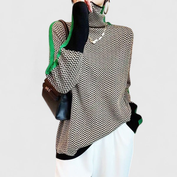 Women's Herringbone Knit Turtleneck Jumper with Colour Block Trim