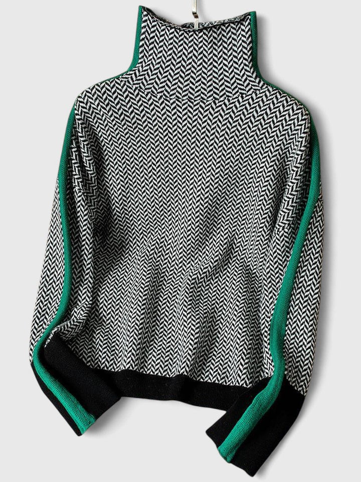 Women's Green Herringbone Knit Turtleneck Jumper with Colour Block Trim