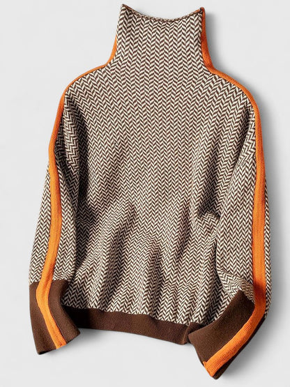 Women's orange high neck striped knit jumper with long sleeves