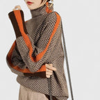 Women's orange high neck striped knit jumper with long sleeves