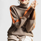 Women's orange high neck striped knit jumper with long sleeves