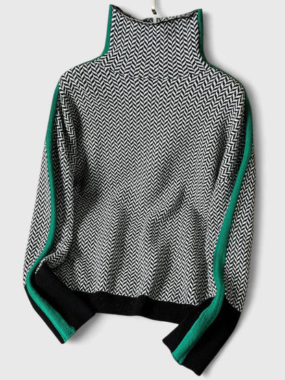 Women's green high neck striped knit jumper with long sleeves