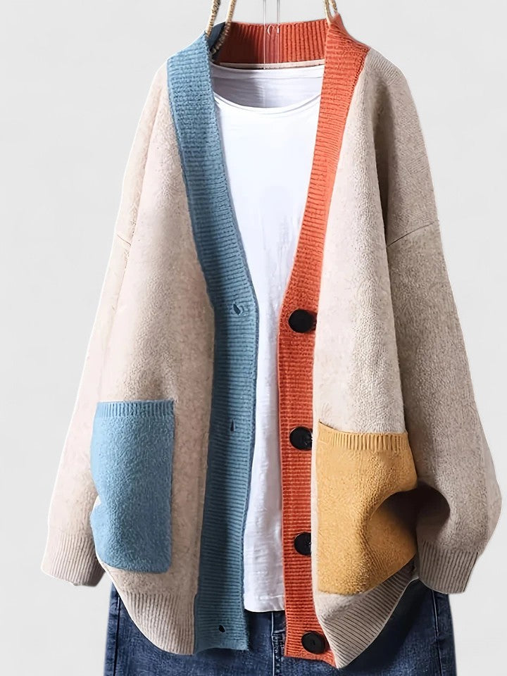 Women's Oversized Colour Block Chunky Knit Cardigan With Pockets