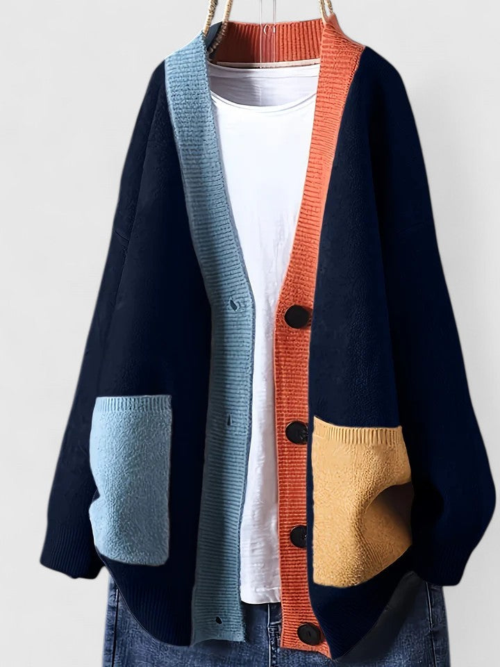 Women's Oversized Colour Block Chunky Knit Cardigan With Pockets