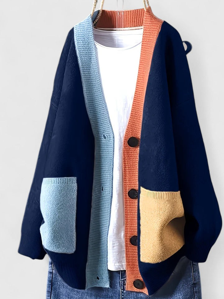 Women's Oversized Colour Block Chunky Knit Cardigan With Pockets
