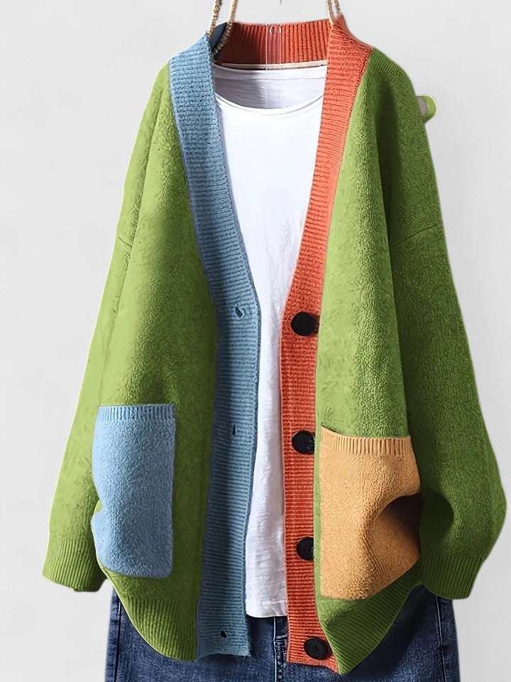 Women's Oversized Colour Block Chunky Knit Cardigan With Pockets