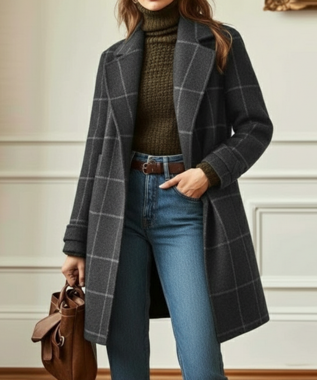 Women's dark green tweed check coat with a smart lapel collar