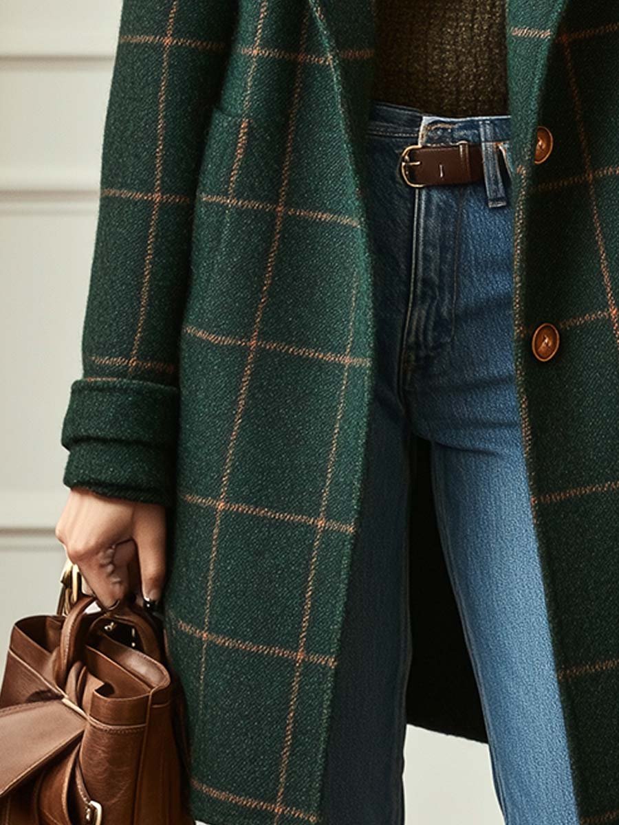 Women's dark green tweed check coat with a smart lapel collar