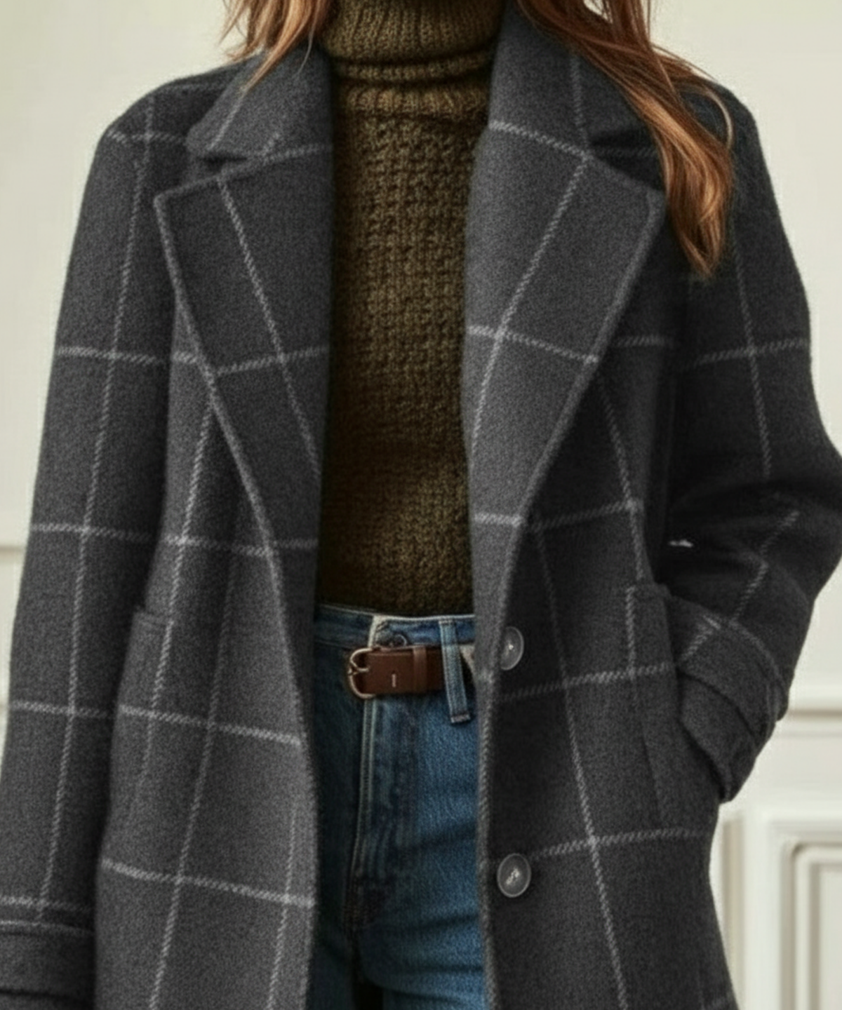 Women's dark green tweed check coat with a smart lapel collar