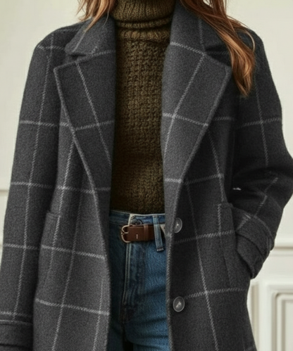 Women's dark green tweed check coat with a smart lapel collar