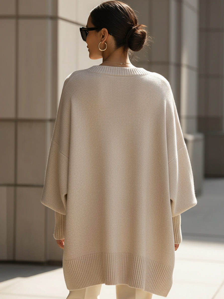 Women's Beige Oversized Knitted Batwing Jumper