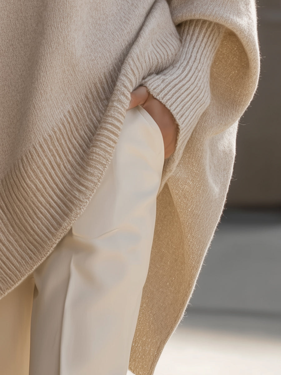 Women's Beige Oversized Knitted Batwing Jumper