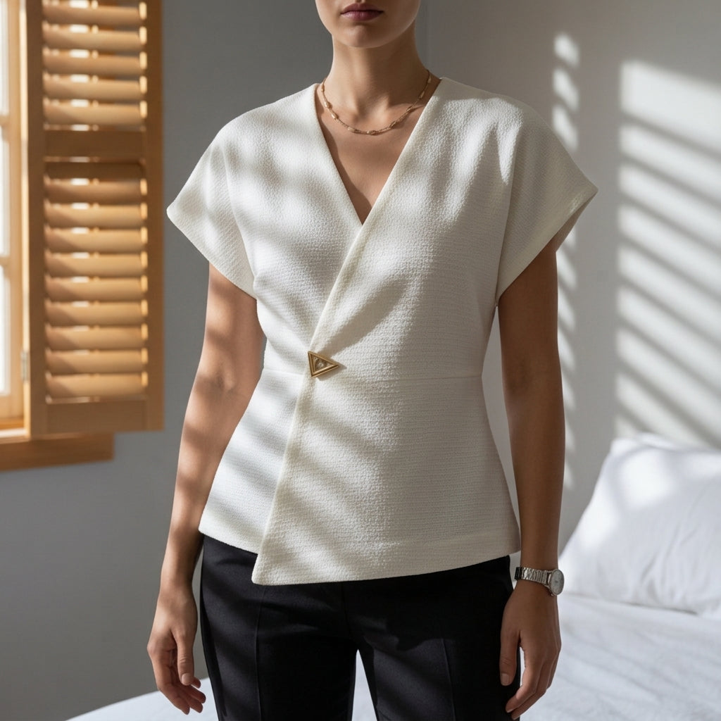 Women's white wrap blouse with cap sleeves and a soft asymmetric drape