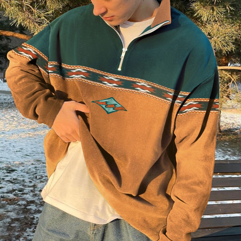 Men's khaki zip through retro knitted jumper for autumn