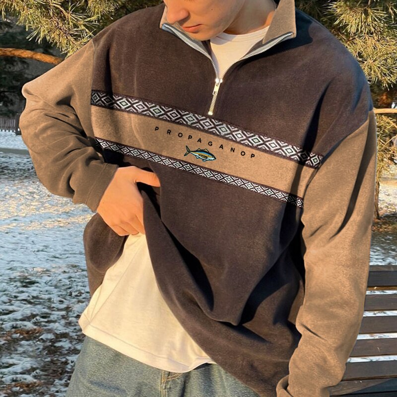 Men's khaki zip through retro knitted jumper for autumn