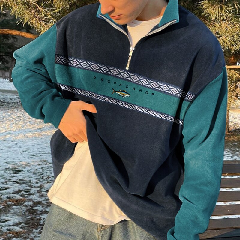 Men's khaki zip through retro knitted jumper for autumn