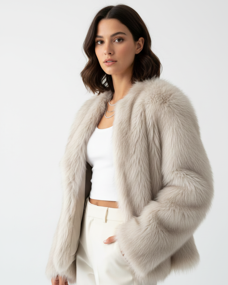 Women's beige longline faux fur coat styled for autumn evenings
