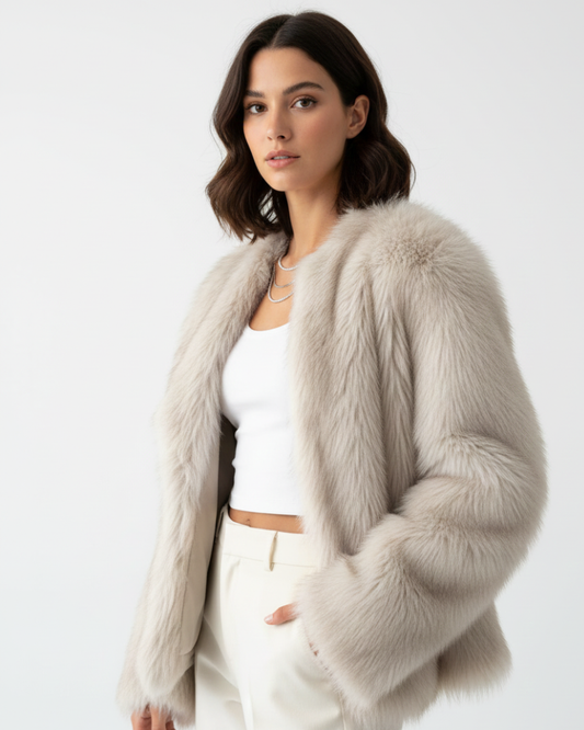 Women's beige longline faux fur coat styled for autumn evenings