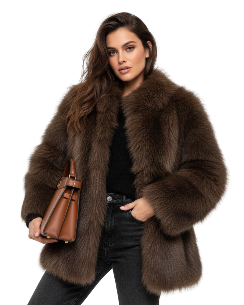 Women's beige longline faux fur coat styled for autumn evenings