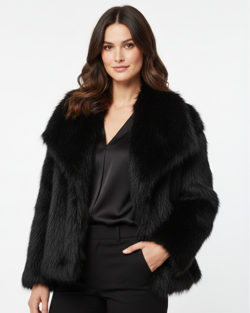 Women's beige longline faux fur coat styled for autumn evenings