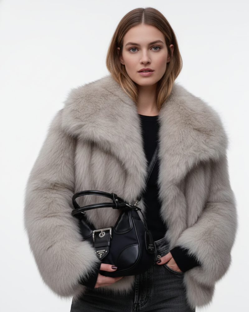 Women's beige longline faux fur coat styled for autumn evenings