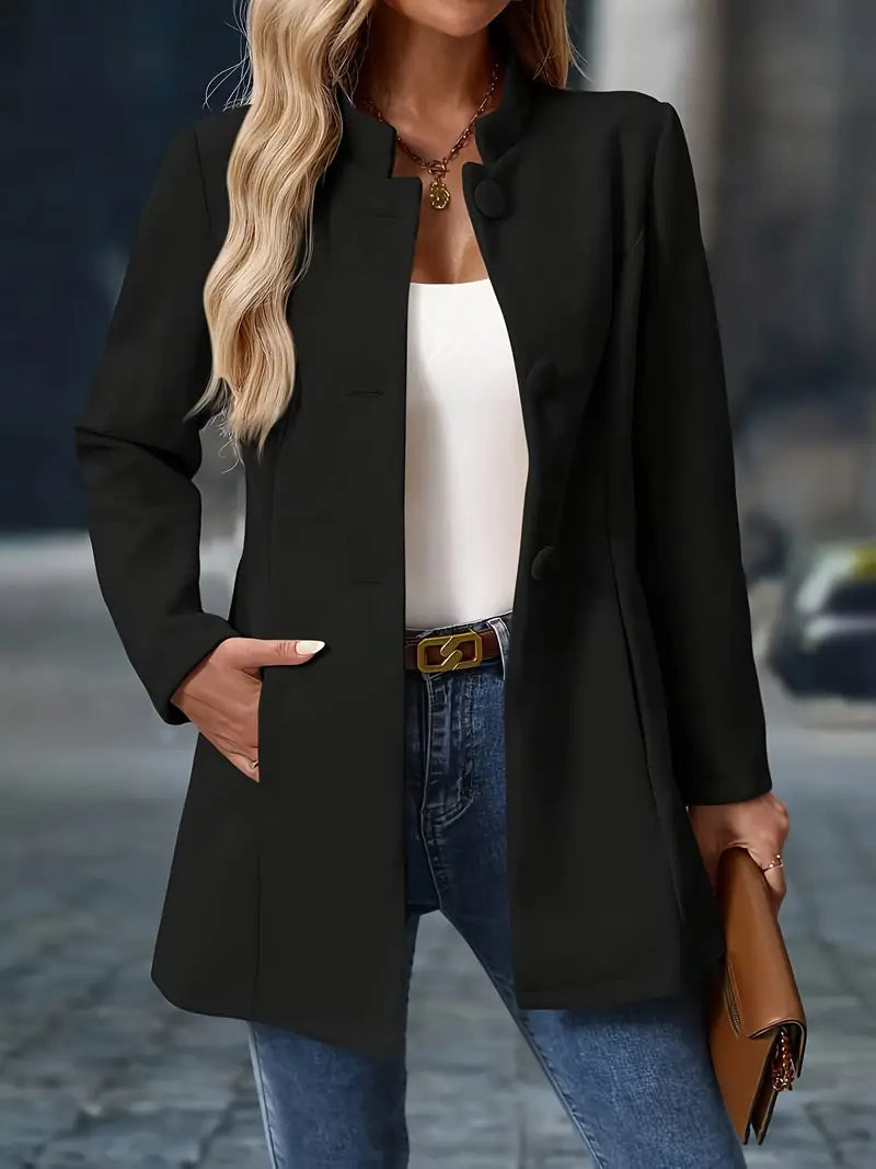 Stand-collar button-front coat, product still life