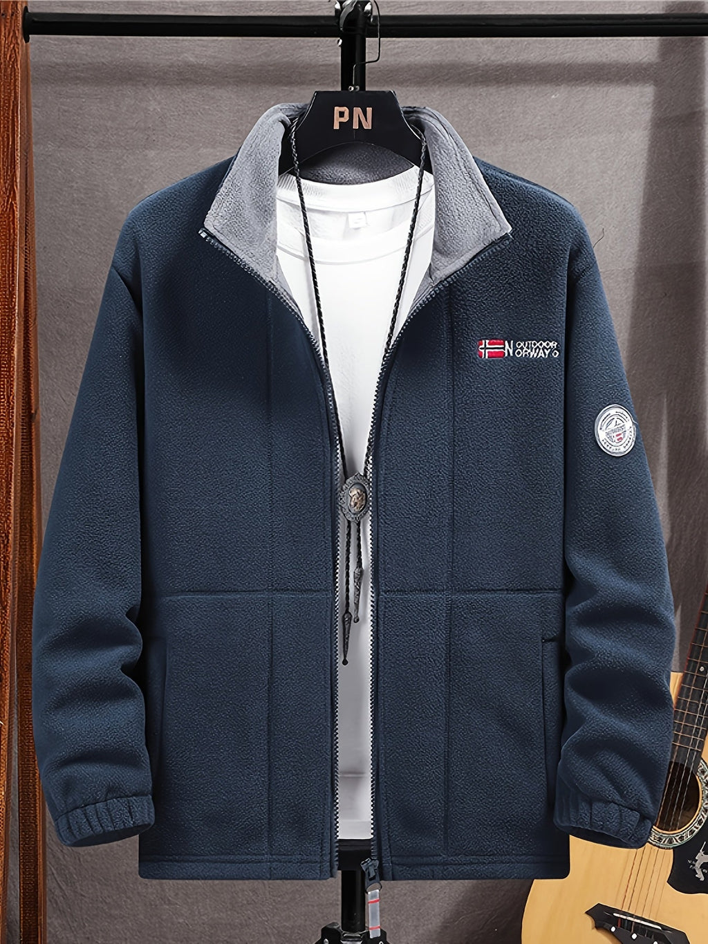 Men's navy windproof full-zip outdoor fleece jacket