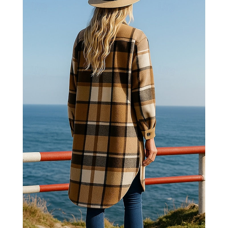 Checked longline coat, product still life