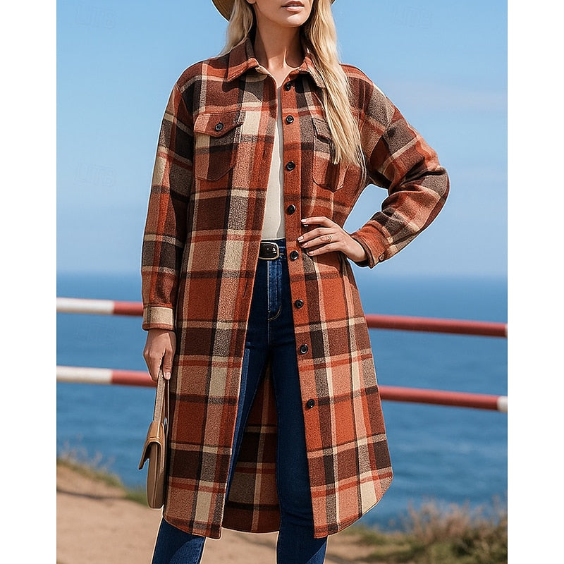 Checked longline coat, product still life
