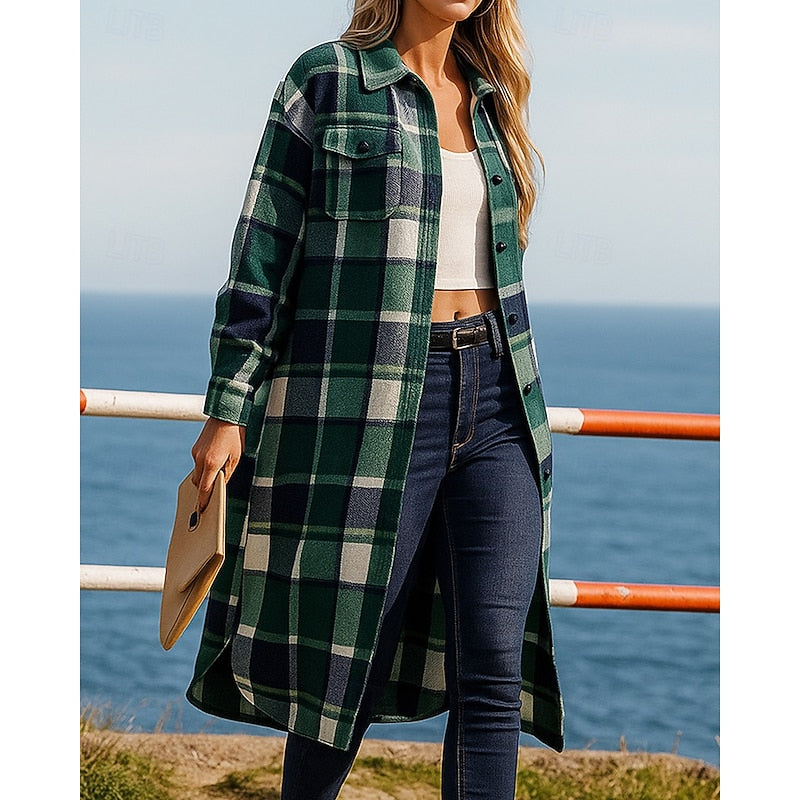 Checked longline coat, product still life
