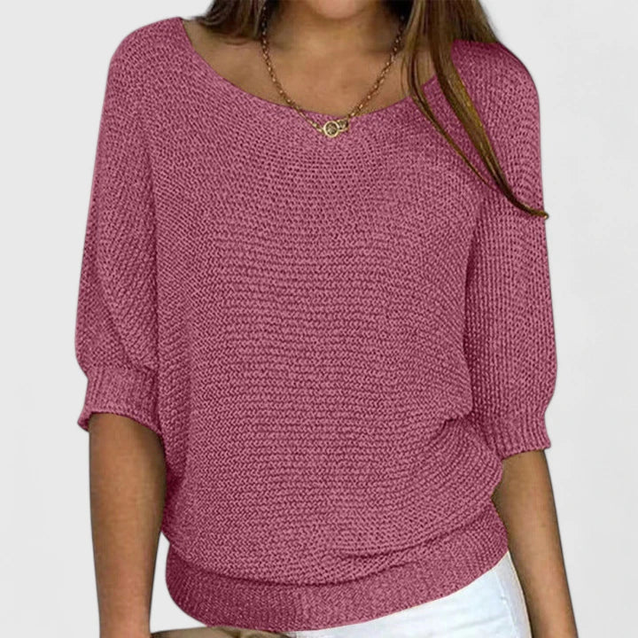 Women's Batwing Sleeve Knit Jumper With Round Neckline And Ribbed Hem