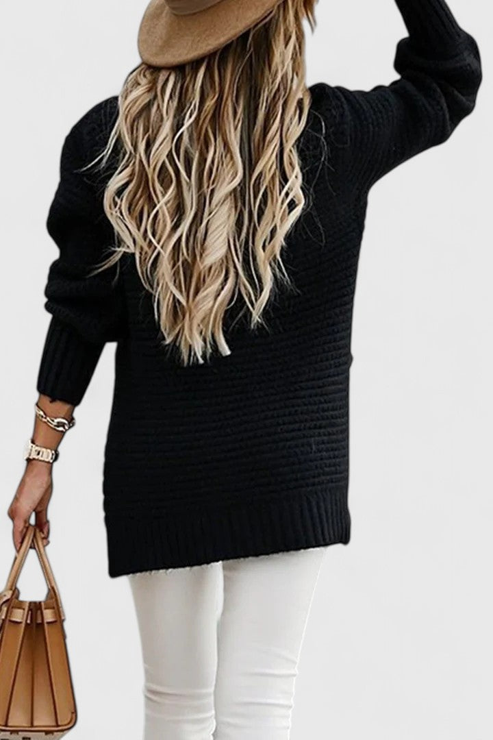 Women's Black Oversized Chunky Waffle Knit Jumper for Autumn