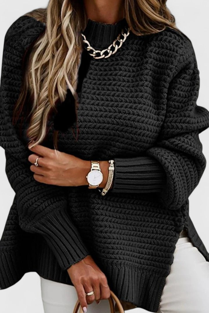 Women's Black Oversized Chunky Waffle Knit Jumper for Autumn