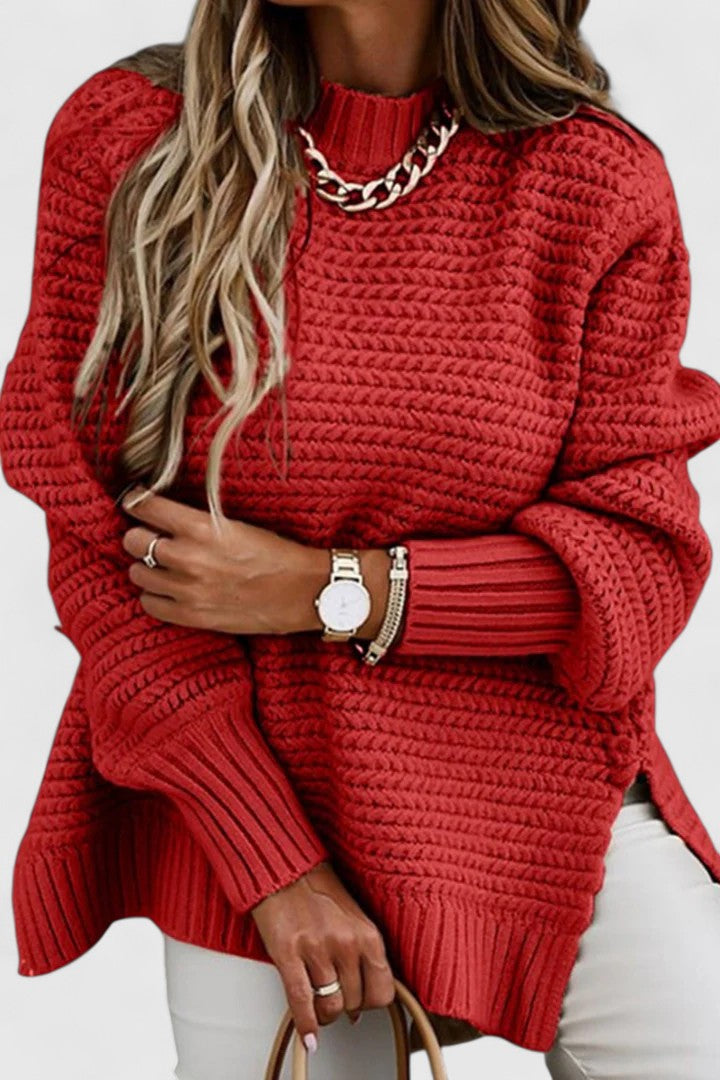 Women's Red Oversized Chunky Waffle Knit Jumper for Autumn
