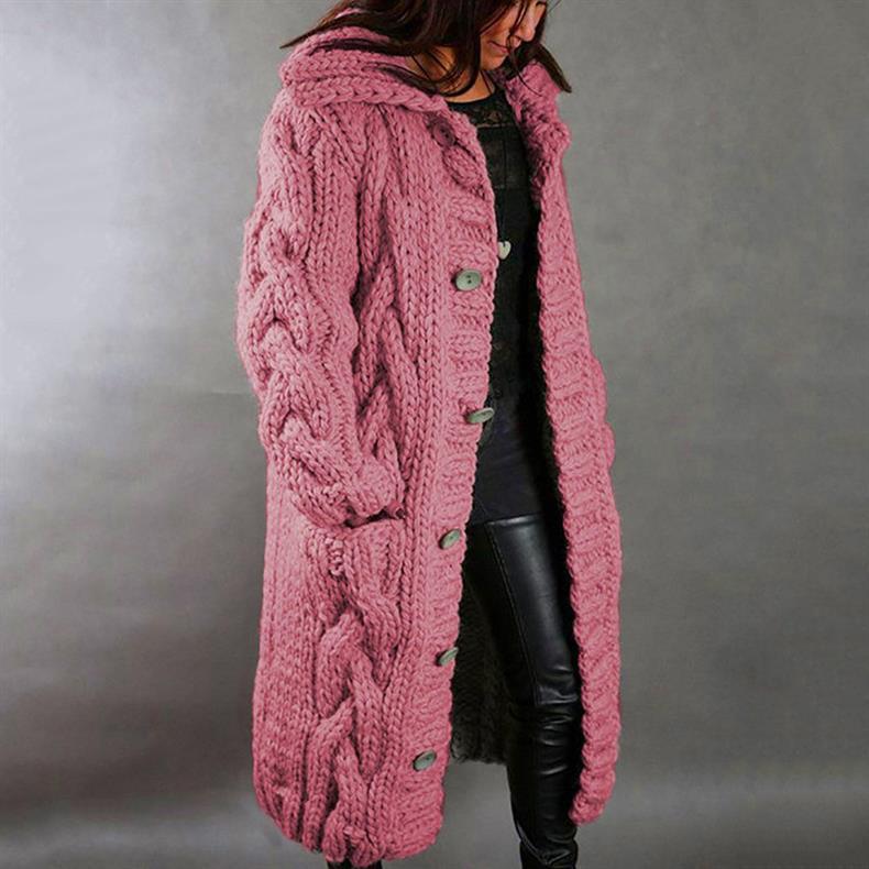 Women's blue oversized cable knit longline coat with a chunky texture