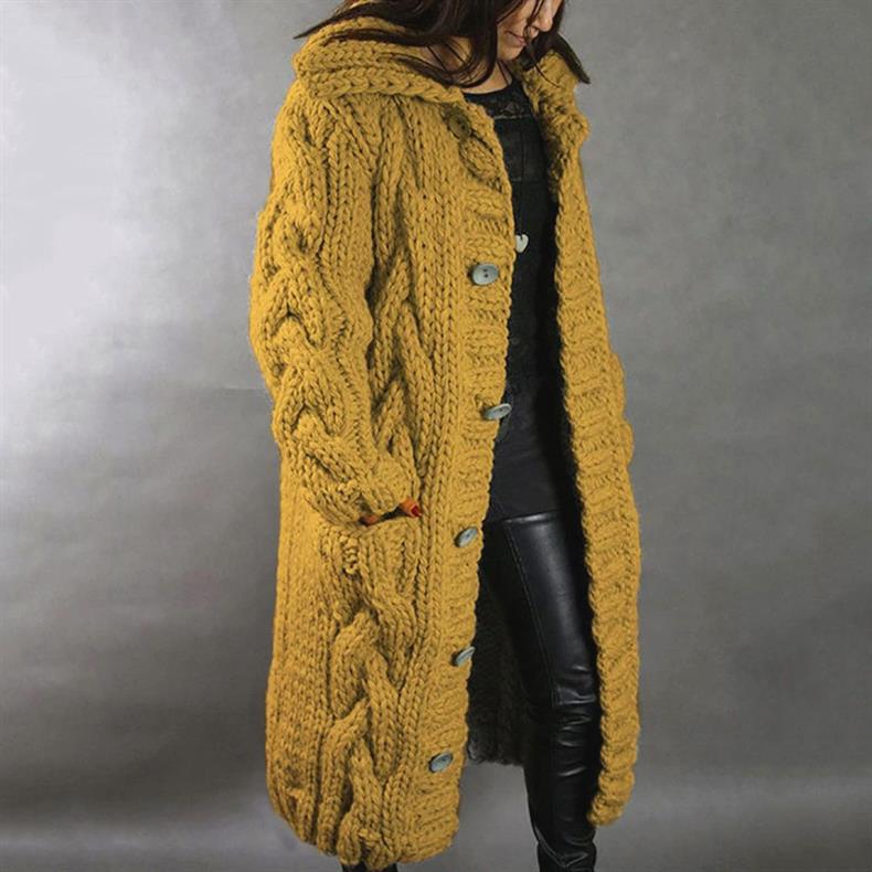 Women's blue oversized cable knit longline coat with a chunky texture