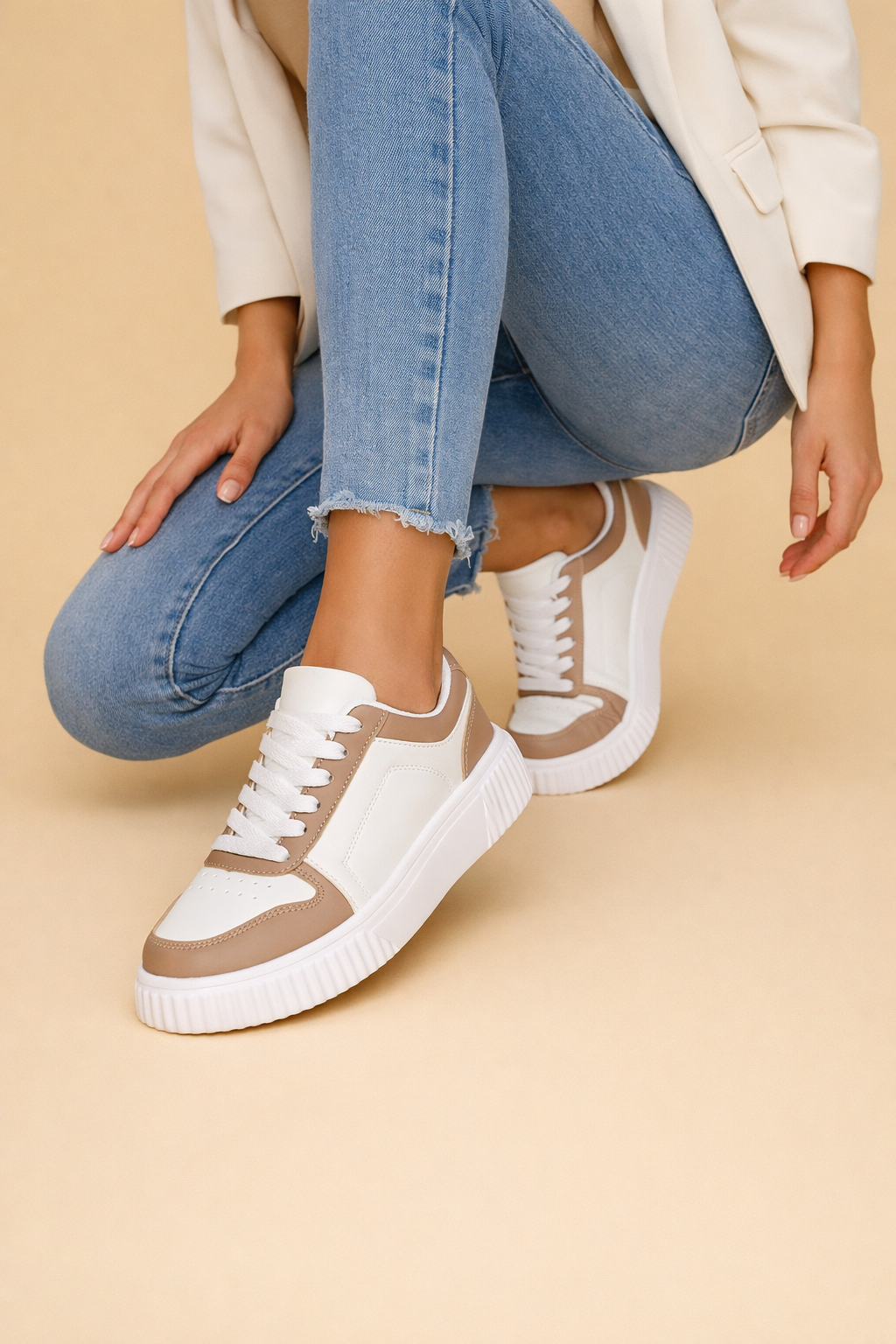 Women's beige non-slip chunky trainers with a cushioned interior
