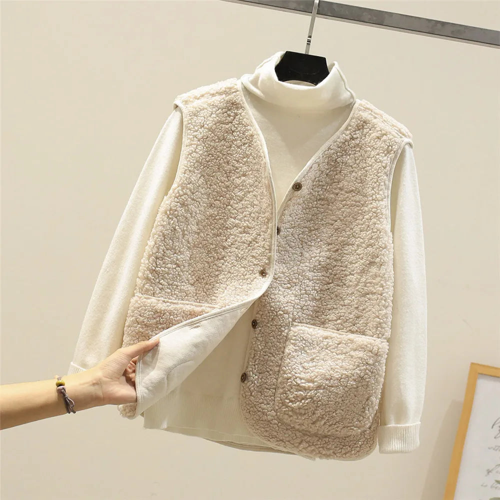 Beige sherpa fleece gilet for women in a sleeveless casual style